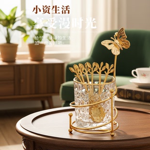 网红叉子小勺子金色树叶水果叉收纳罐甜品创意家用可爱蛋糕叉子