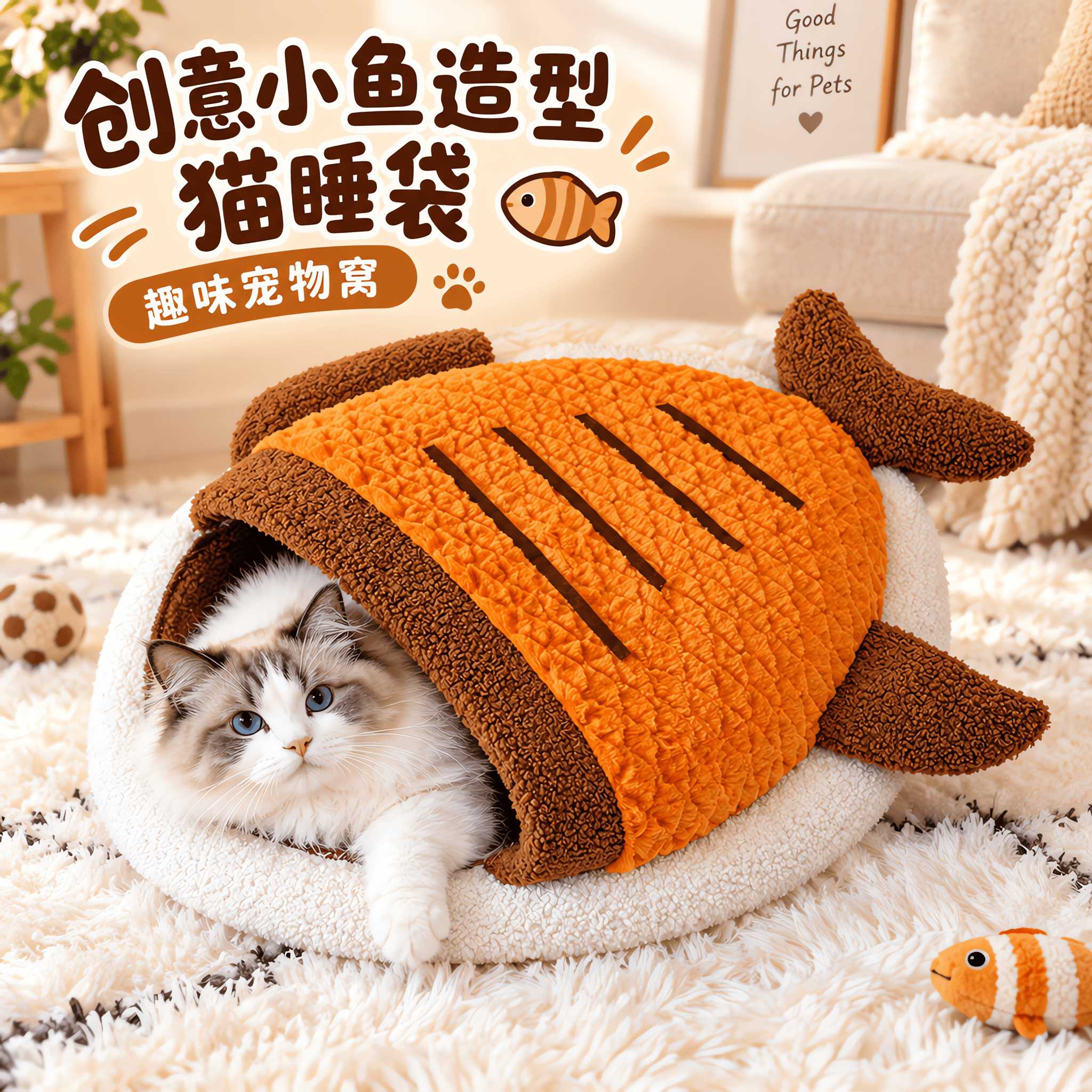 猫窝封闭式猫睡袋小鱼造型冬季保暖垫子猫咪睡觉狗窝安全感室内窝
