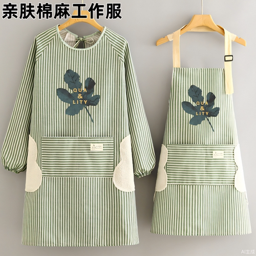 棉麻长袖围裙厨房家用透气防污