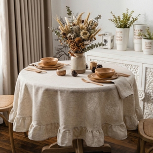 法式 饰台布 茶桌布荷叶边涤麻桌布素色圆桌餐桌布水洗棉家用纯色装