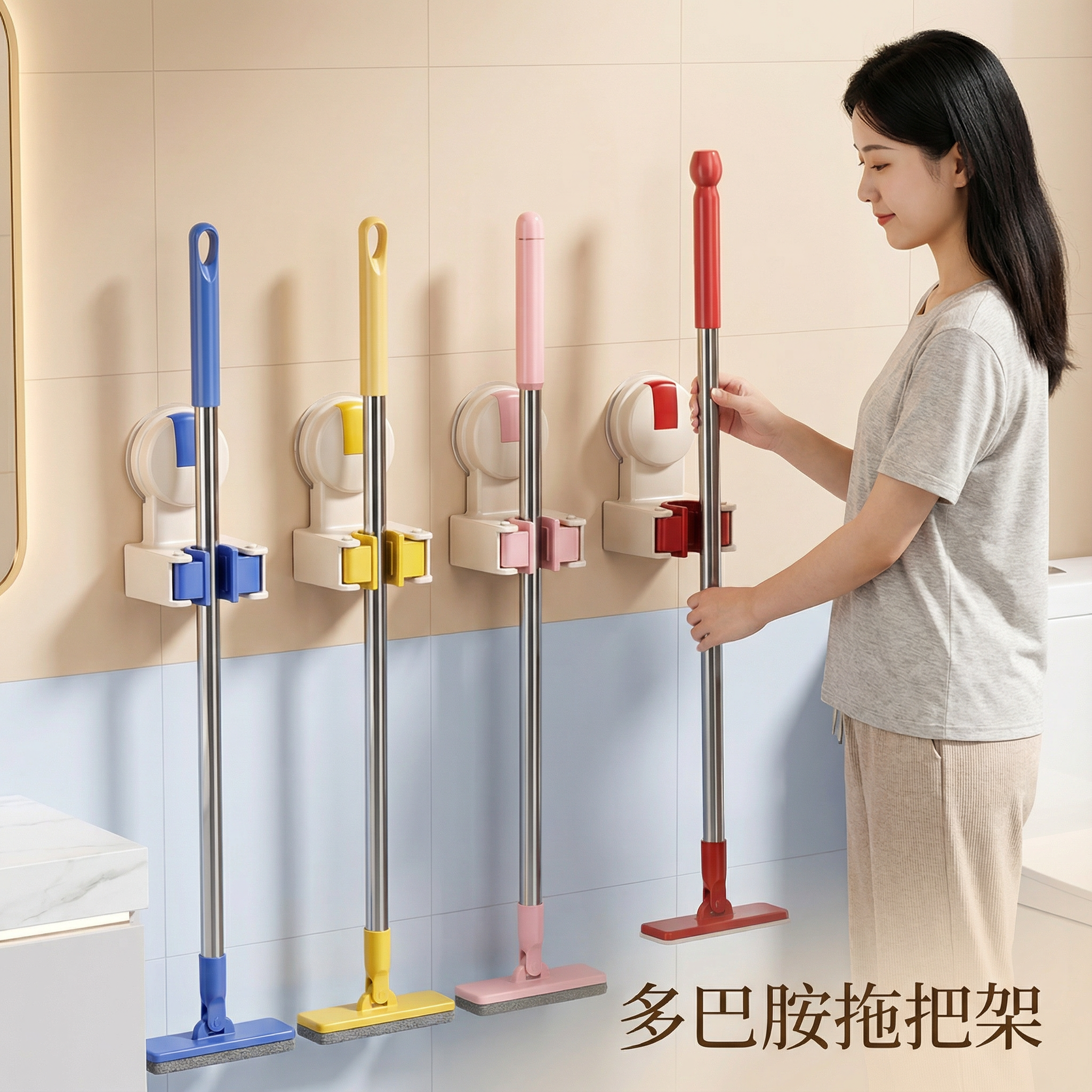 吸盘式拖把壁挂夹多巴胺奶油风卫生间拖把架拖布扫把固定挂钩厨房,收纳整理,挂钩/粘钩,淘宝优惠券,粉丝福利购,淘宝优惠卷