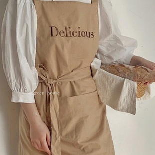 厨房复古字母纯色刺绣背心式 法式 围裙轻薄防水耐脏 house green