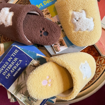 green house * 复古立体植绒摇粒绒猫咪轻便防水静音家居拖鞋