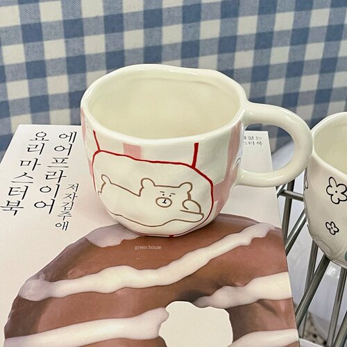 green house * 韩国ins线条插画小熊手捏背杯咖啡杯马克杯