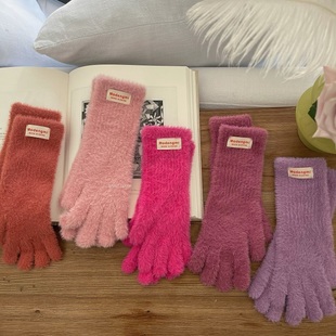 green 出口外贸仿兔绒超柔软针织保暖可触屏手套 house