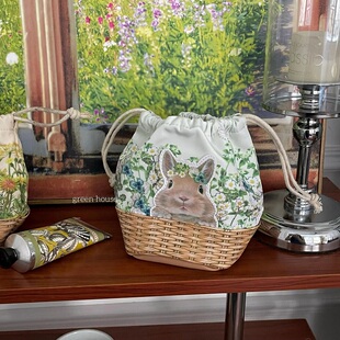 green house * 花园兔子竹篮造型抽绳防水面料收纳包