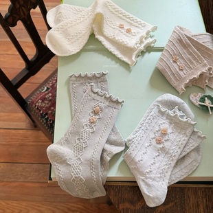 棉袜 复古提花烧卖口四叶花扣中筒袜四季 green house
