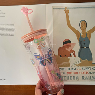 green house * 外贸出口蝴蝶双层玻璃吸管杯600ml大容量水杯