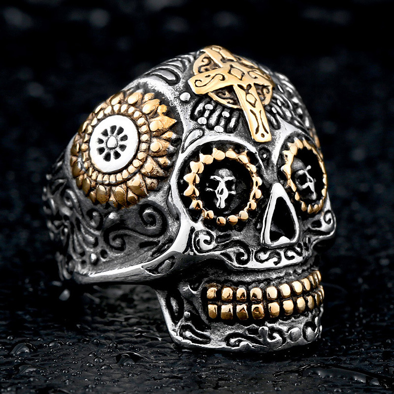 雕花骷髅戒指男个性霸气钛钢十字架食指戒子日韩潮人复古朋克潮男