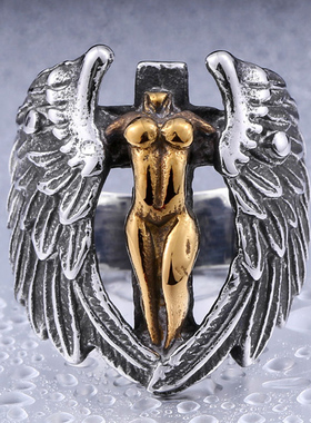 大天使霸气日韩风钛钢十字架戒指