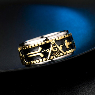 钛钢共济会戒指男潮嘻哈欧美复古尾戒男士转动指环个性单身戒潮人