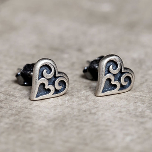 纯银心形耳钉女韩国气质个性潮人复古雕花桃心耳钉男单只学生创意