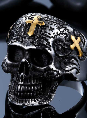钛钢十字架骷髅戒指欧美复古朋克