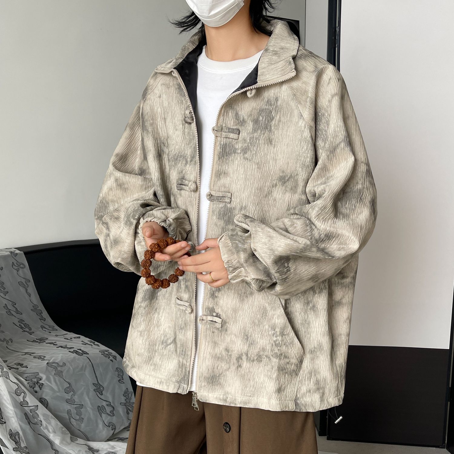 风男装新中式做旧港风大码夹克盘扣上衣外套JK156P85,男装夹克,电商A019
