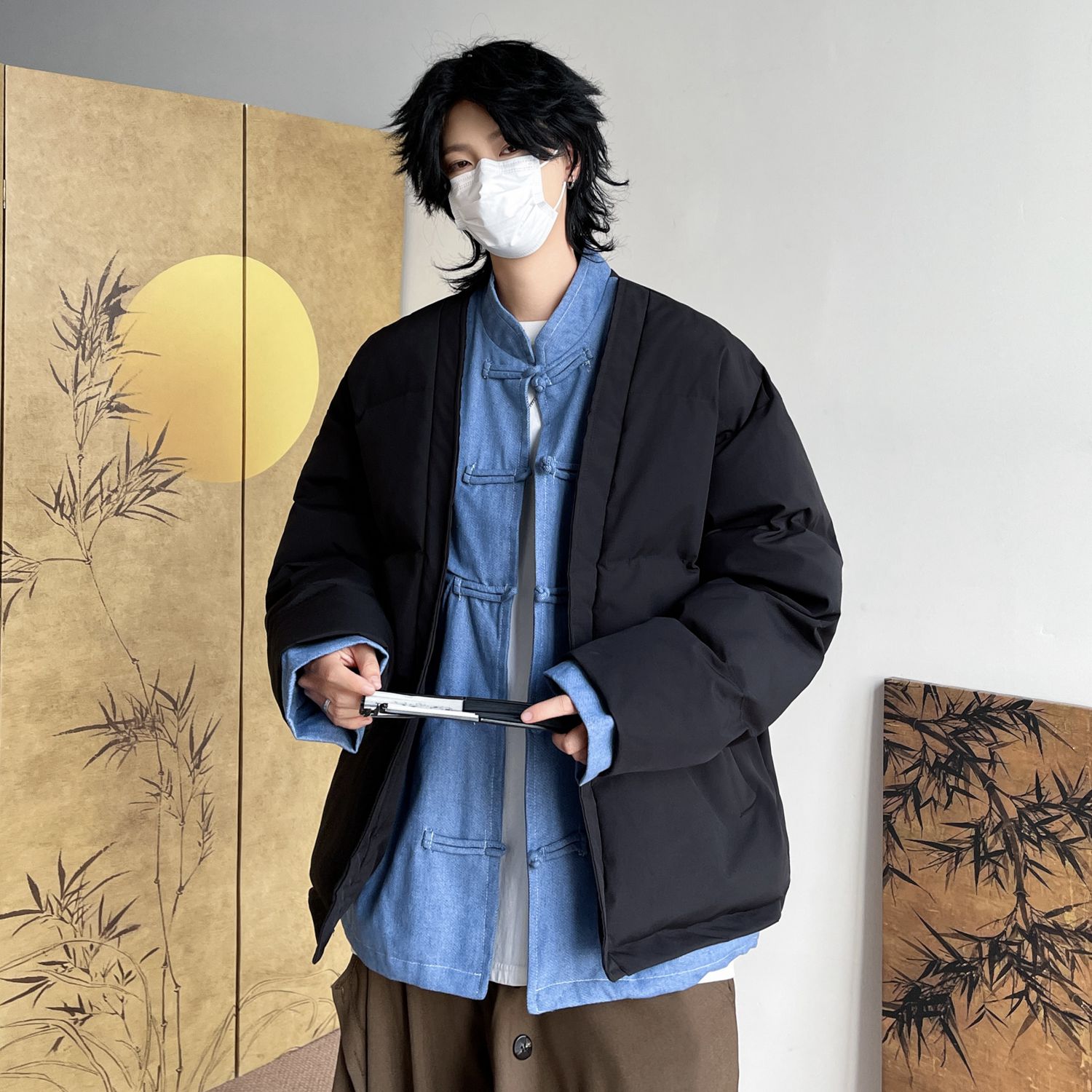 潮盘扣假两件棉服男立领外套男生加两件面包服夹克MA248P145,男装夹克,电商A019