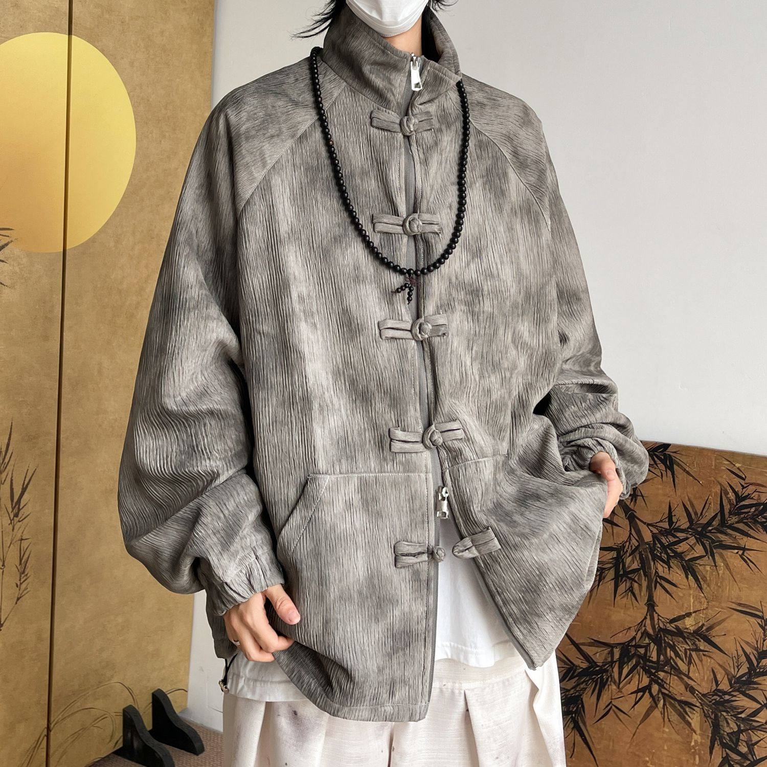 风男装新中式做旧港风大码夹克盘扣上衣外套JK156P85,男装夹克,电商A019