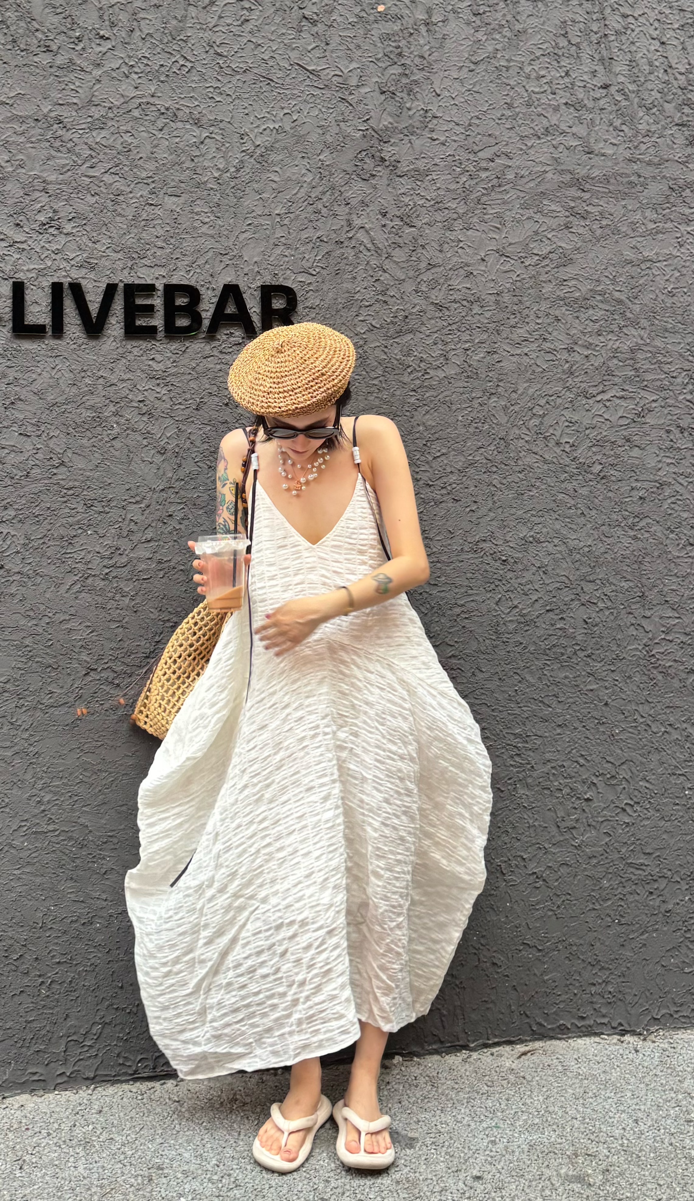 THEA买手店SOLOCOUCOU索乐25SS白色苎麻提花褶皱松弛感吊带连衣裙