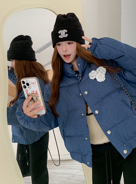 实拍 *同款蓝色牛仔女冬季短款棉服宽松面包服立领棉衣外套