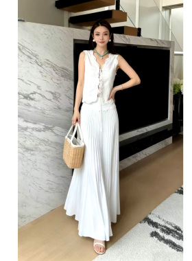 夏季新款温柔时尚白色无袖蕾丝上衣+高腰风琴裙百褶半身裙两件套