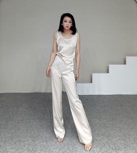 夏季醋酸缎垂坠女士U领无袖小背心高腰直筒裤套装两件套