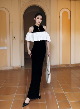 夏季复古新中式盘扣旗袍领女女士一字领中长款开叉连衣裙大气长裙
