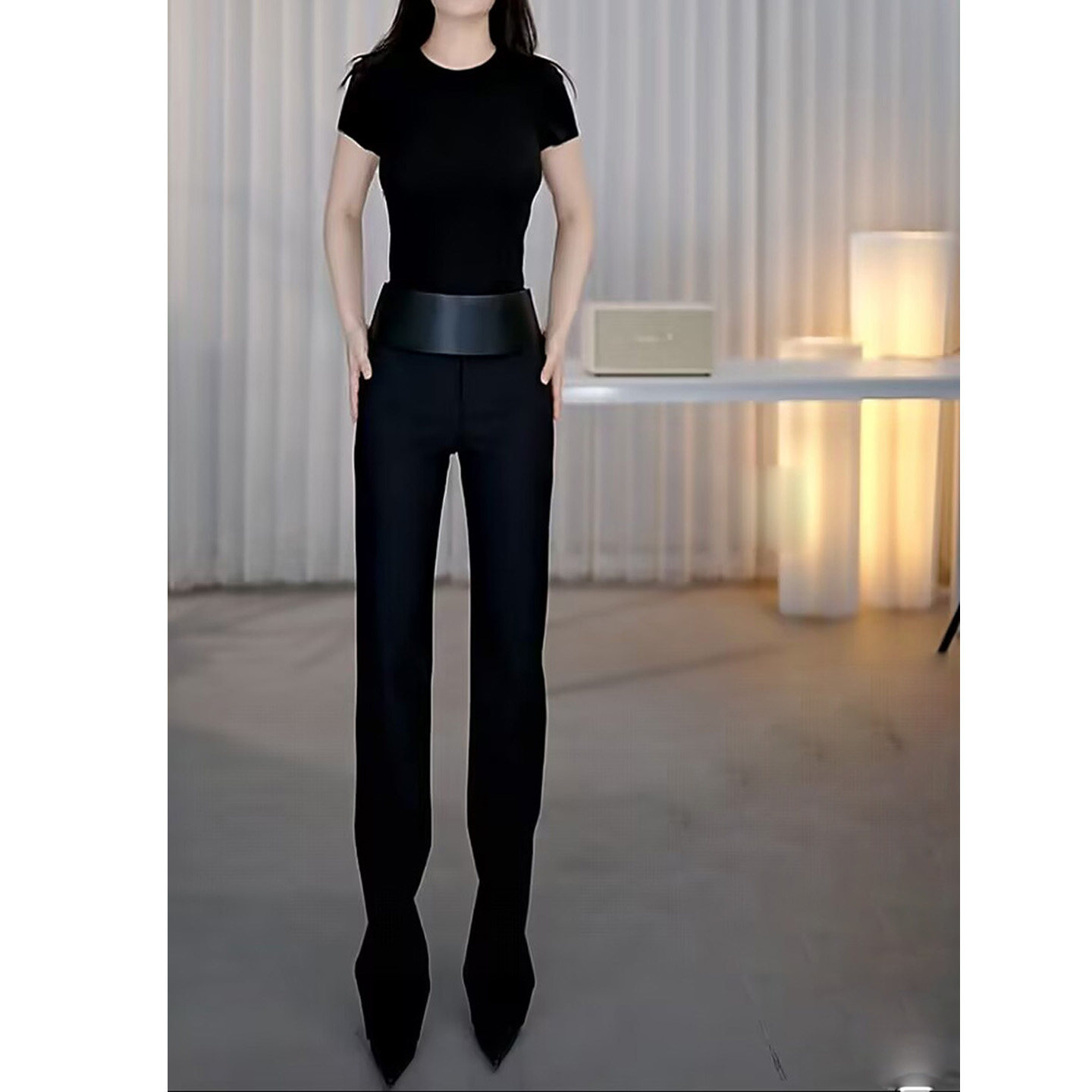 黑色女士直筒长裤开叉女裤