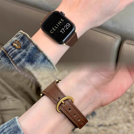 适用苹果S10/S9手表带iwatch8真皮表带7/6se细新款女生小蛮腰腕带
