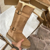 羊皮毛一体雪地靴女2025新款 复古圆头平底加绒中筒雪地棉不过膝靴