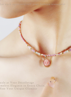 极细串珠短项链粉紫可爱风小浮雕