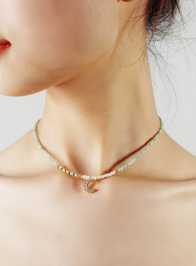 极细串珠短项链蓝调清新风小月亮