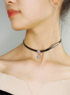 锆石微镶脖带轻奢暗黑皮绳带吊坠