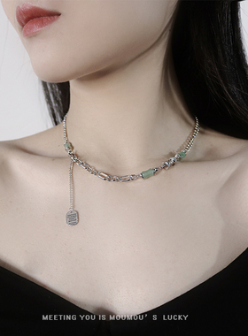 国潮绿色玉石竹节混搭粗项链中性