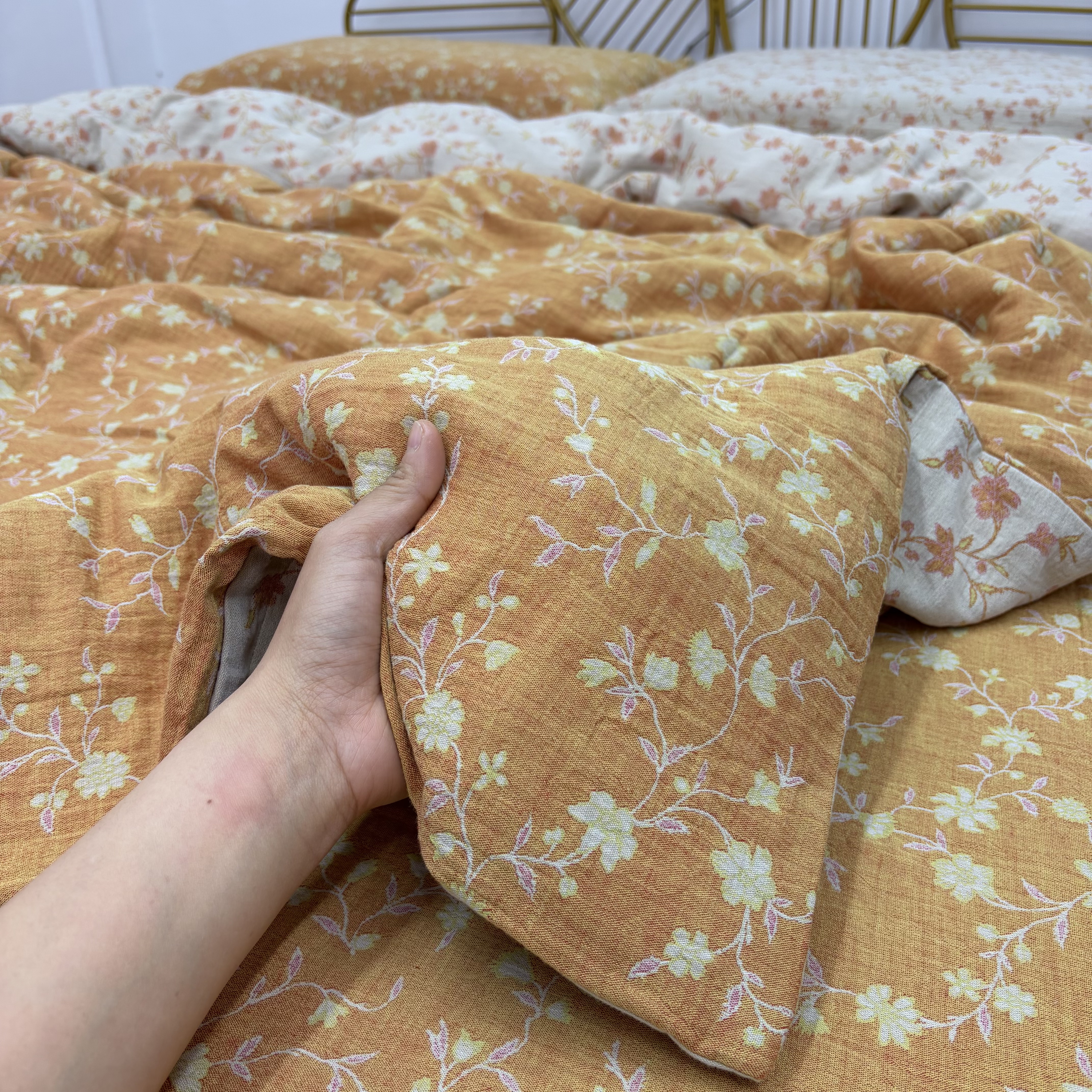 （细叶浅橘）A类母婴级全棉炫彩双层纱被罩单件四季通用柔软舒适