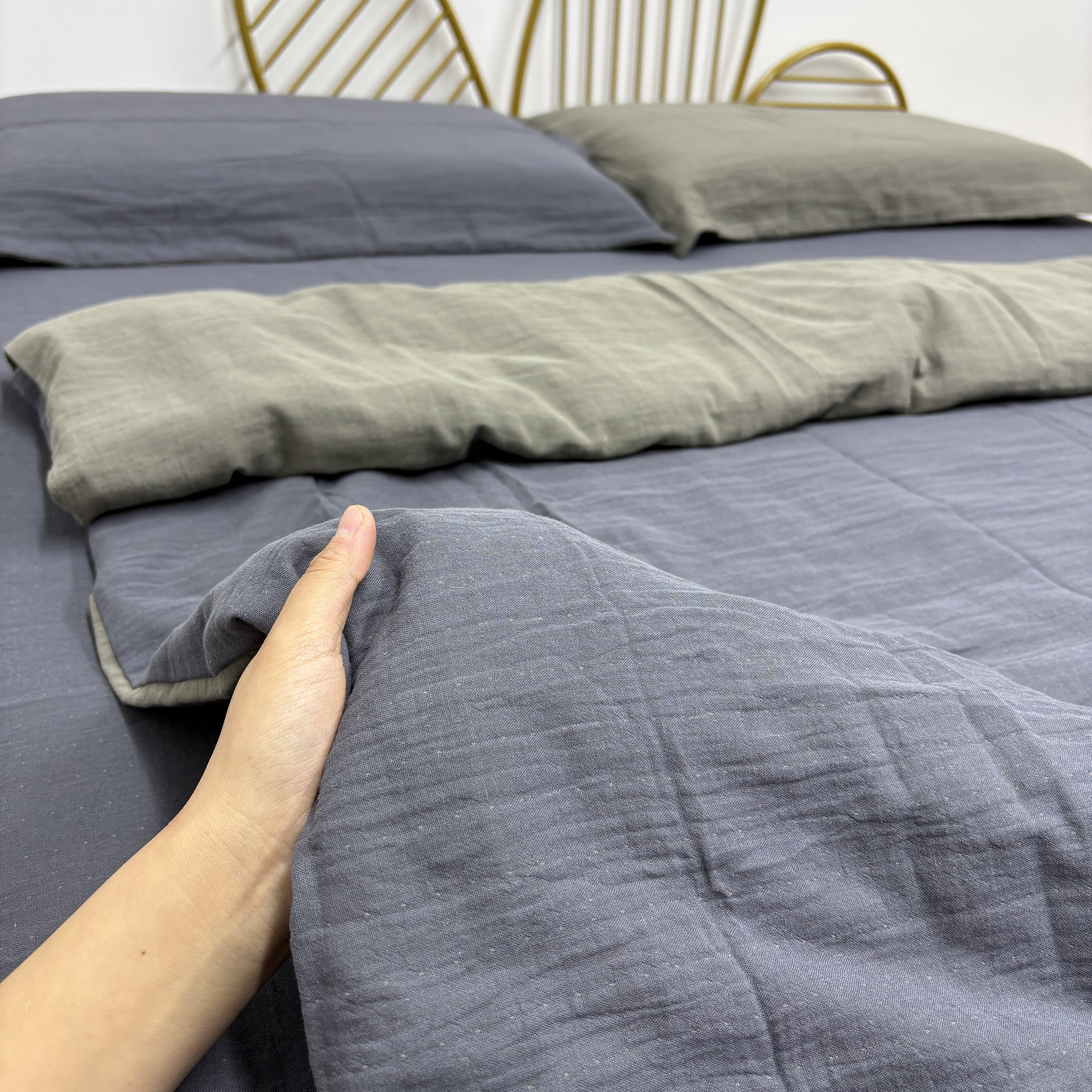 （纯色兰咖）A类母婴级全棉炫彩双层纱被罩单件四季通用柔软舒适