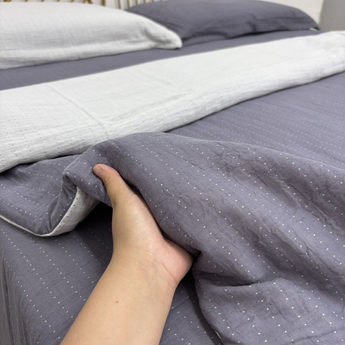 （纯色蓝灰）A类母婴级全棉炫彩双层纱被罩单件四季通用柔软舒适