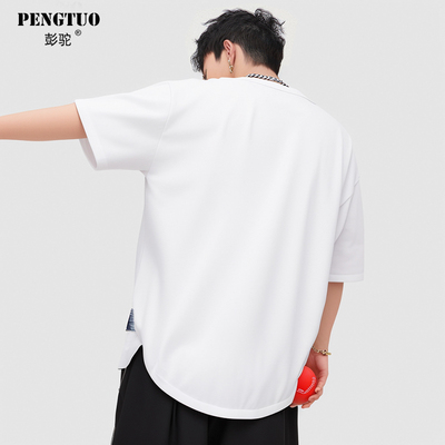 潮牌短袖美式男士弧形下摆t恤