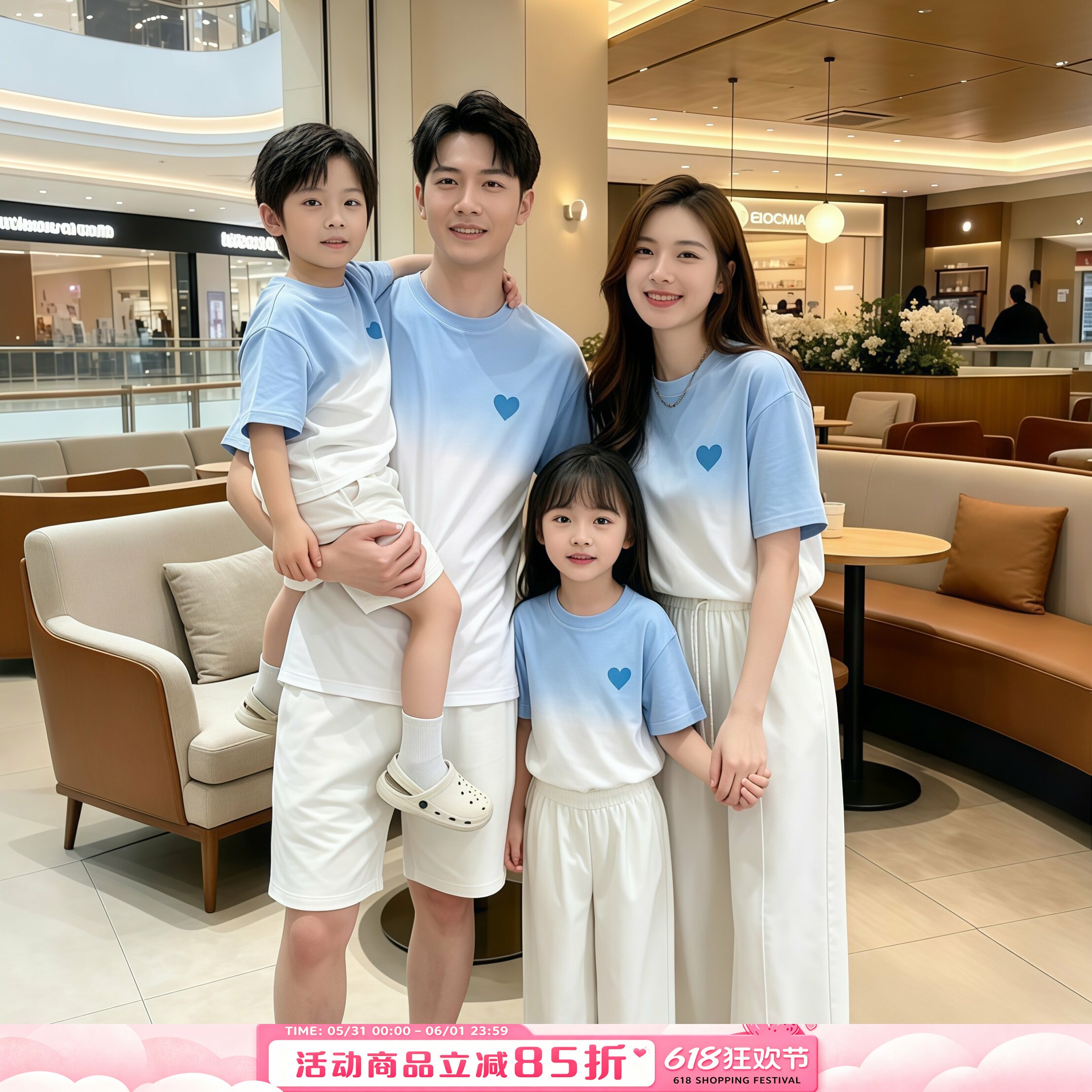 新款潮海边度假风渐变母女全家装女夏季新款小清新 一家三口短袖T