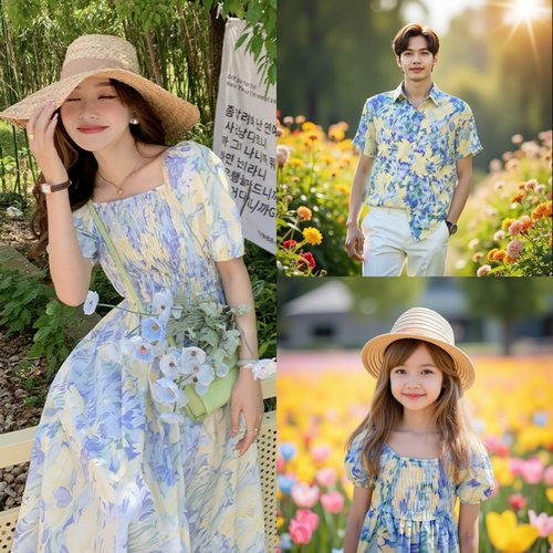 现货法式母女装连衣裙夏季新款一家三口亲子装度假风花衬衫碎花裙