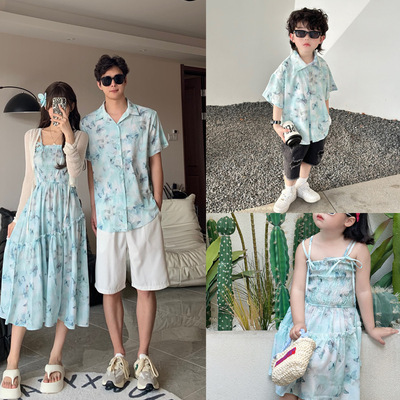 潮度假沙滩亲子装一家三口夏威夷衬衫宽松复古港风雪纺母子