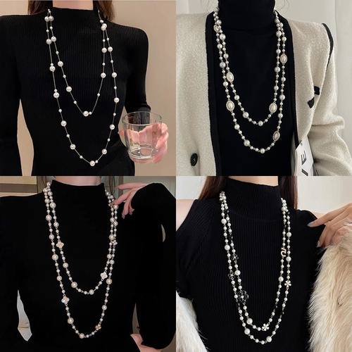 气质多层珍珠项链女长款毛衣链四叶草设计高级感轻奢小香风配饰潮