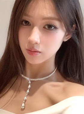 超闪奢华锆石流苏吊坠项圈气质高级感小众项链配饰女choker锁骨链