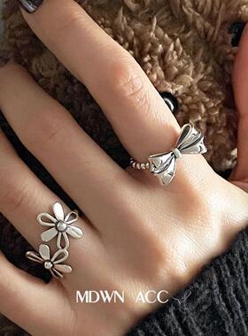 镂空花朵蝴蝶结戒指女复古时尚S925银气质甜美开口指环ins食指戒