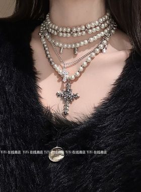 巴洛克珍珠项链chocker轻奢小众设计十字架多层颈链锁骨链vintage
