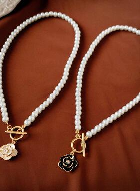AA6203复古镶钻滴油山茶花OT扣珍珠项链高级感小众气质项饰女