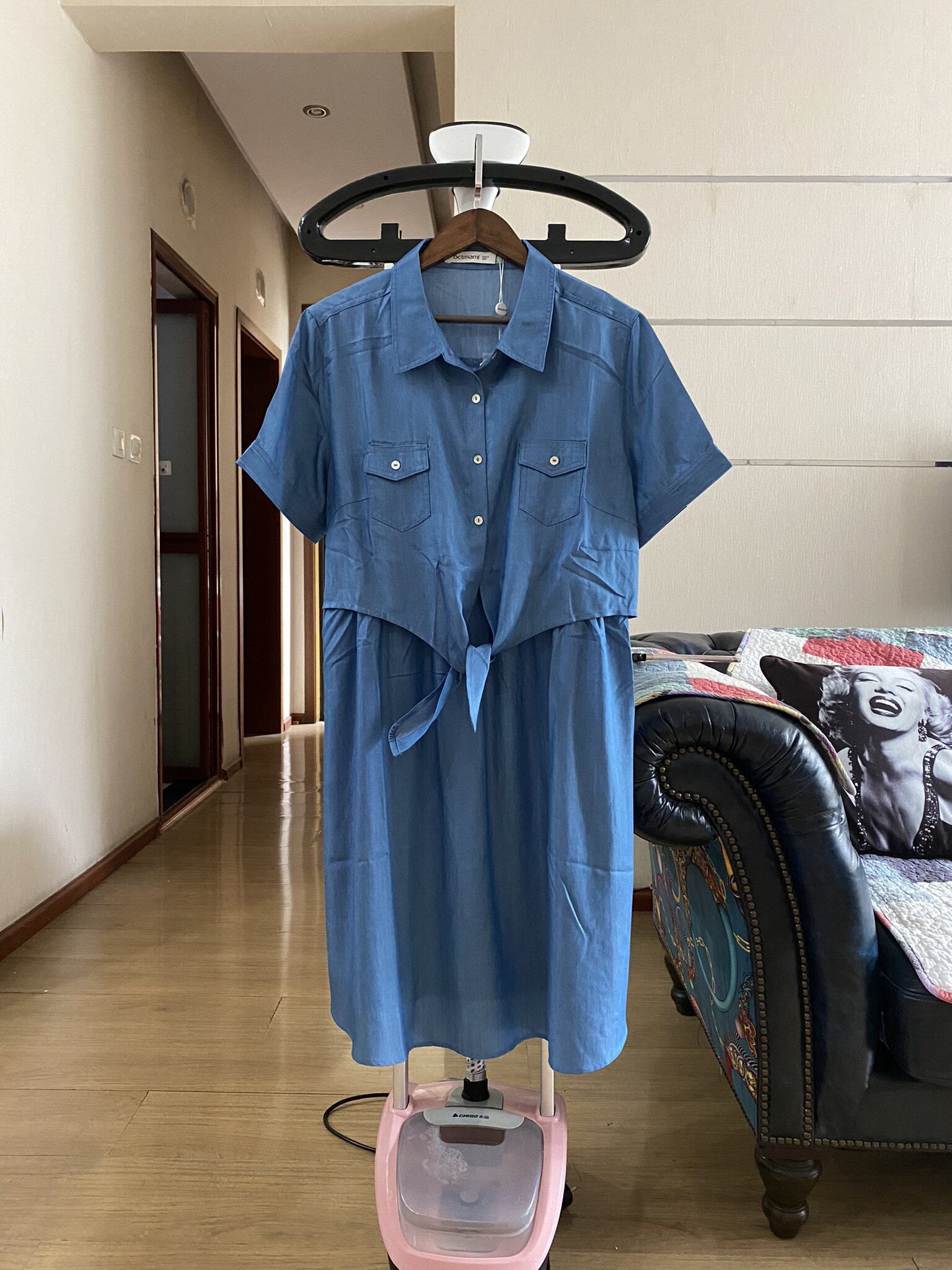 十月孕妇装 夏季短袖纯色仿牛仔面料半袖可哺乳连衣裙 孕妇裙 XL
