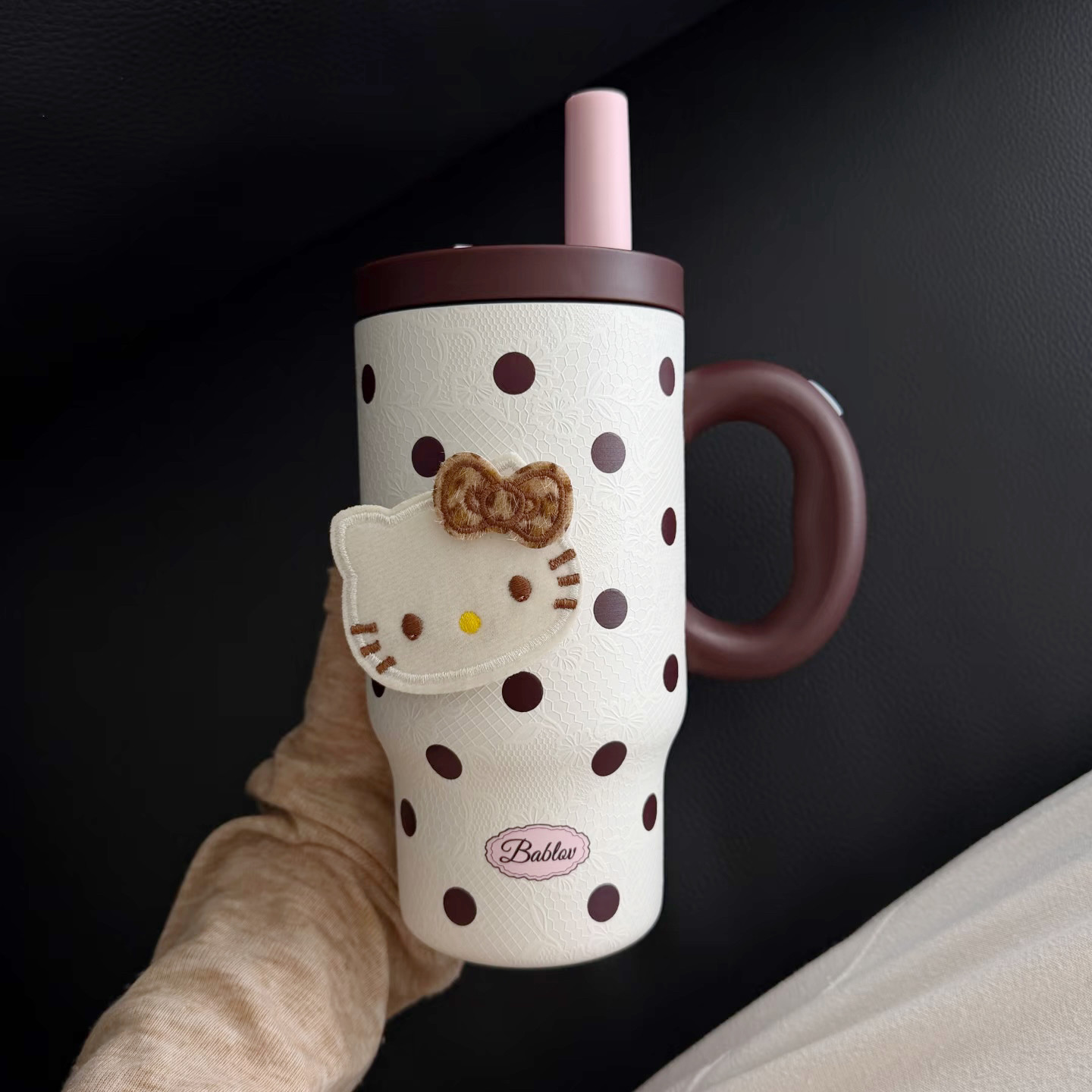 bablov花伴森波点保温杯女生高颜值水杯吸管杯大容量冰霸礼物杯子