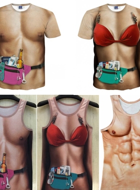 肌肉男背心创意假腹肌t恤3D立体图案猴子短T搞笑猩猩衣服年会表演