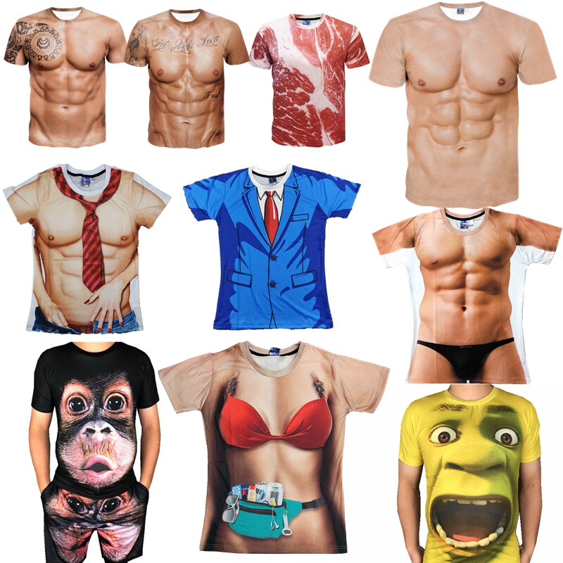 3d创意肌肉短袖T恤潮个性图案半袖衫圆领男女装搞怪年会表演衣服
