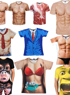 3d创意肌肉短袖T恤潮个性图案半袖衫圆领男女装搞怪年会表演衣服