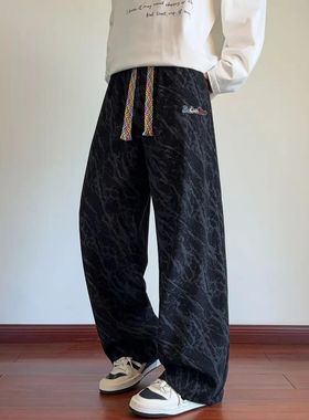 美式扎染裤子男2025春秋季新款飘带抽绳休闲裤宽松慵懒风阔腿卫裤